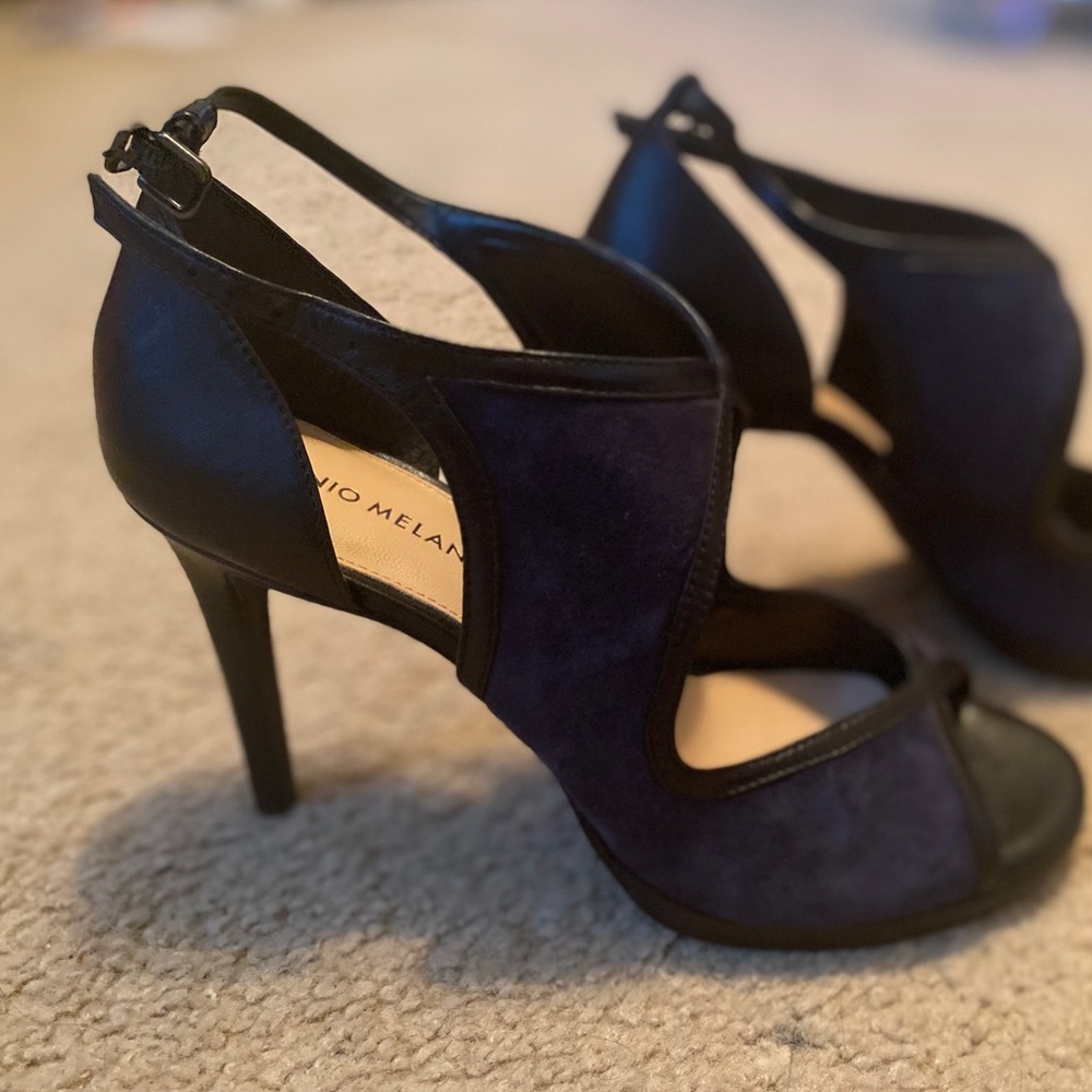 blue black cutout strappy peep open toe heels